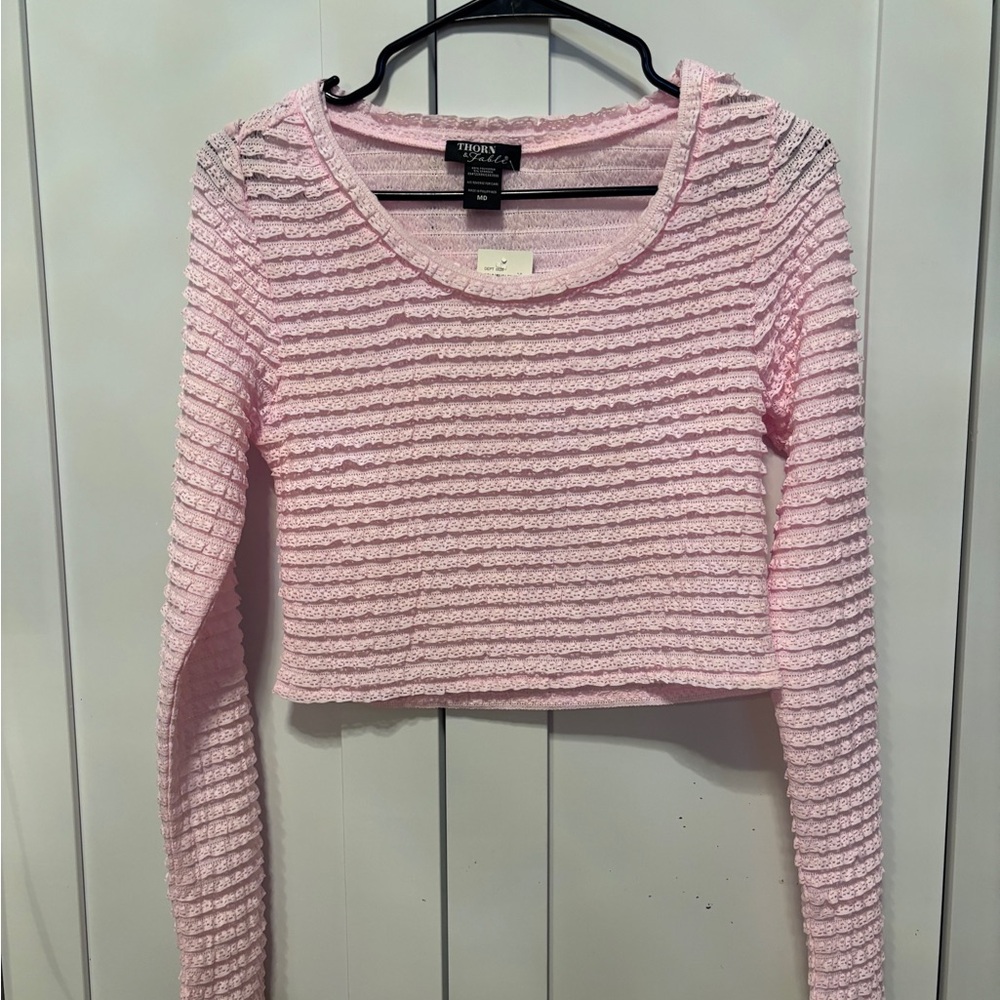 Forever 21 Pink Textured Long Sleeve Crop Top